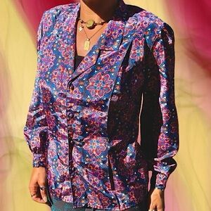 {C.E.O.} Vintage Satin-like Button-Up Blouse with Vibrant Geometric Floral Print